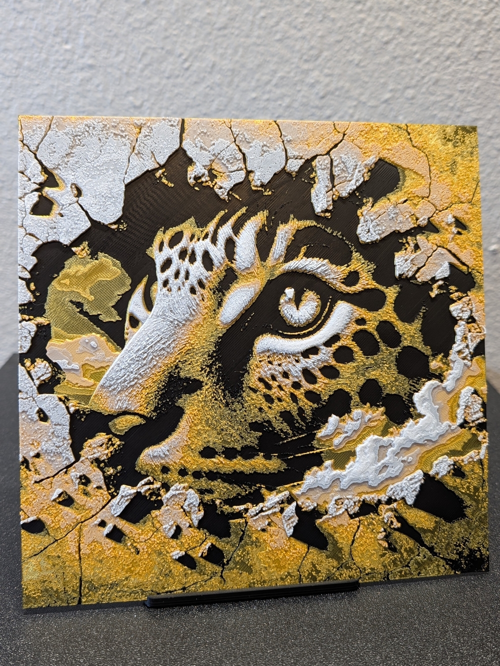 Gold and Black Leopard Face Canvas Art 200x200mm(Hanger And Stand Included)